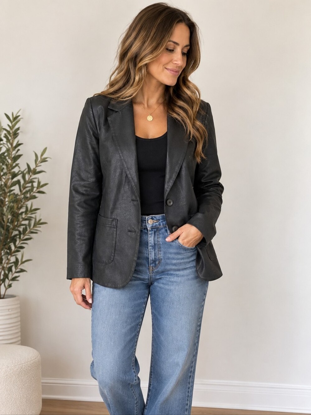 Lucky Bliss by Lucky Brand Black Coated Cotton Blazer Jacket XL